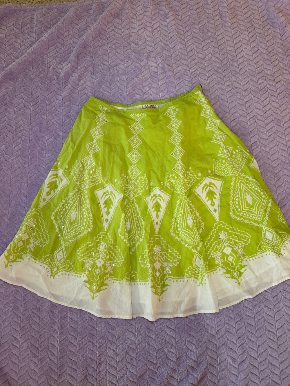 JohnPaulRichard Lime Green and White Printed Midi Skirt